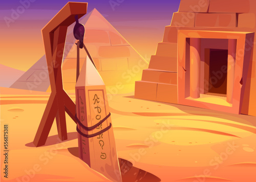 Archeology excavation next to ancient pyramid in desert in Egypt. African landscape with dig, egyptian obelisk hanging on ropes and entrance to pharaoh tomb, vector cartoon illustration