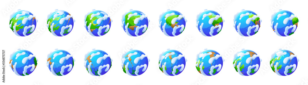 Earth globe rotation. Icons of world, planet from different views. Green and blue planet with white clouds turnaround set isolated on background, vector cartoon illustration