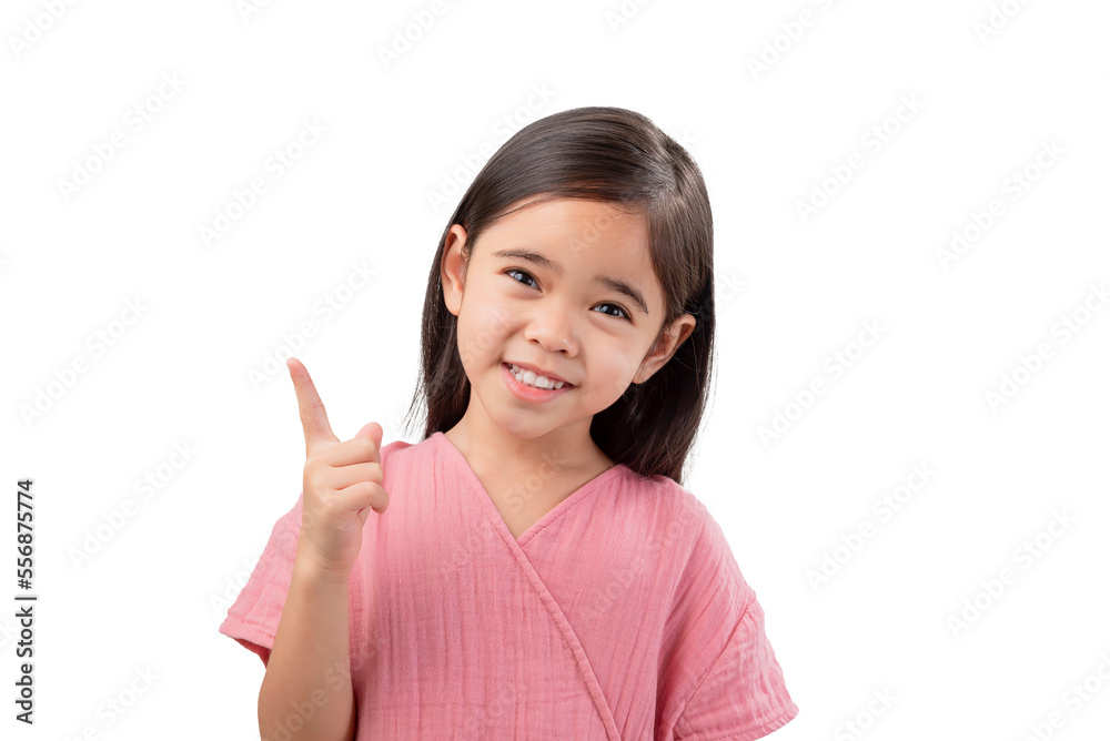 Portrait Of Cute Girl asia With Long Hair Gesturing pointing finger While Standing Against White Background Portrait Of Cute Girl asia With Long Hair Gesturing pointing finger While Standing Against White Background