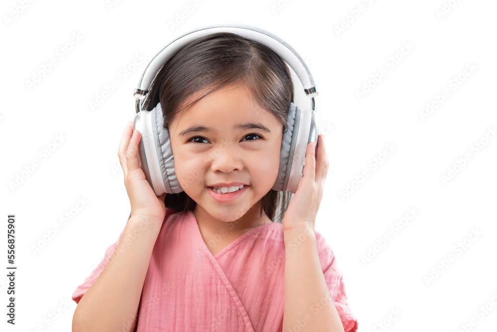 A little beautiful girl asia putting the headphone isolated on a white background. A little beautiful girl asia putting the headphone isolated on a white background.
