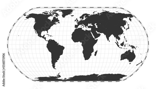 Vector world map. Natural Earth projection. Plain world geographical map with latitude and longitude lines. Centered to 0deg longitude. Vector illustration.