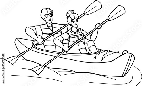 couple kayaking line pencil drawing vector. kayak water, summer adventure, activity young, sport leisure, canoe lake, active fun, sea canoeing, vacation couple kayaking character. people Illustration