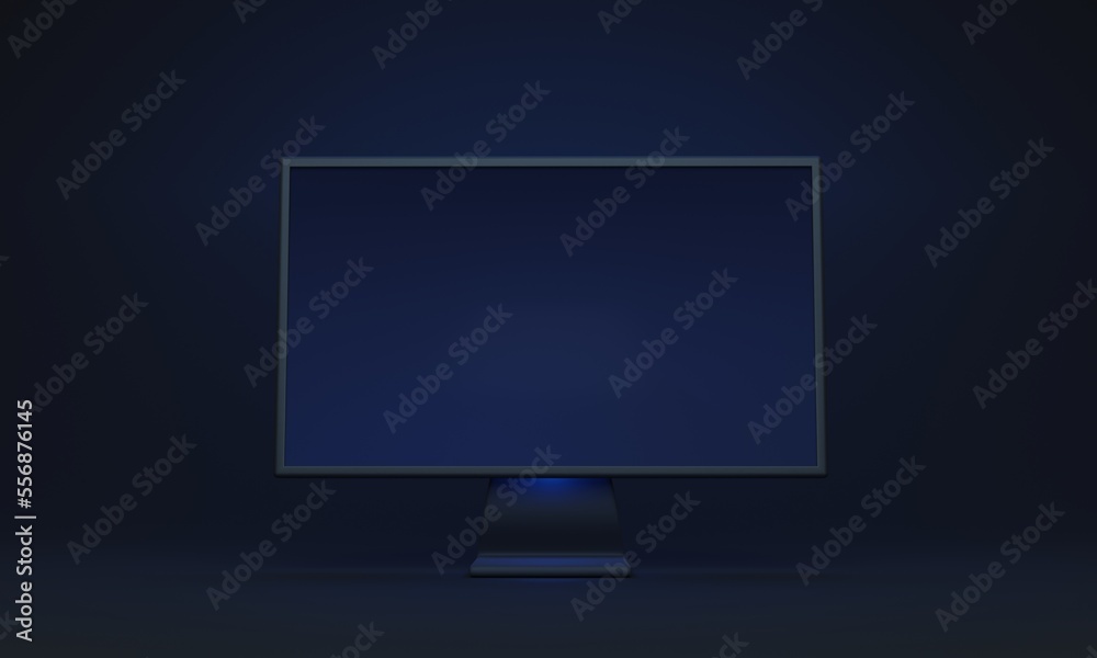 Computer screen mockup, front view on a dark background, 3D illustration. Three dimensional rendering in clean and minimalistic environment. Tech and cyberspace atmosphere. Desktop PC display device. Computer screen mockup, front view on a dark background, 3D illustration. Three dimensional rendering in clean and minimalistic environment. Tech and cyberspace atmosphere. Desktop PC display device.