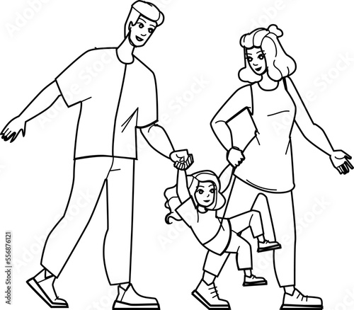 couple kids line pencil drawing vector. woman love child, family man, mother young, together smiling, hom fun, father cheerful, living room, parents couple kids character. people Illustration photo