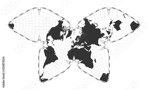 World map vector illustration. Steve Waterman's butterfly projection. Plain world geographical map with latitude and longitude lines. Centered to 0deg longitude. Vector illustration.