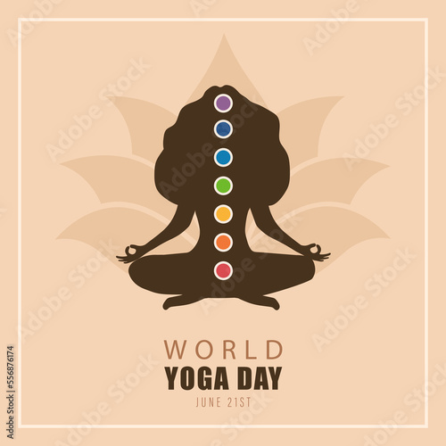 World yoga day poster. Female silhouette with chakras. June 21st. Banner, social media post or brochure design. Vector illustration in flat cartoon style.