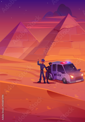 Policeman catch thief in desert in Egypt. African sand desert landscape with pyramids, police car and officer arresting tomb robber in evening, vector cartoon illustration