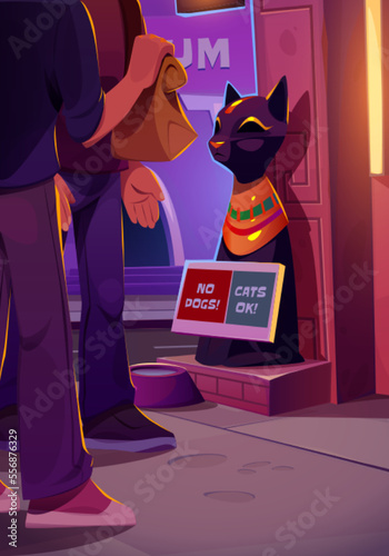 Man hand over package to other person at egyptian museum entrance. City street with black cat statue and people exchanging paper bag on sidewalk, vector cartoon illustration