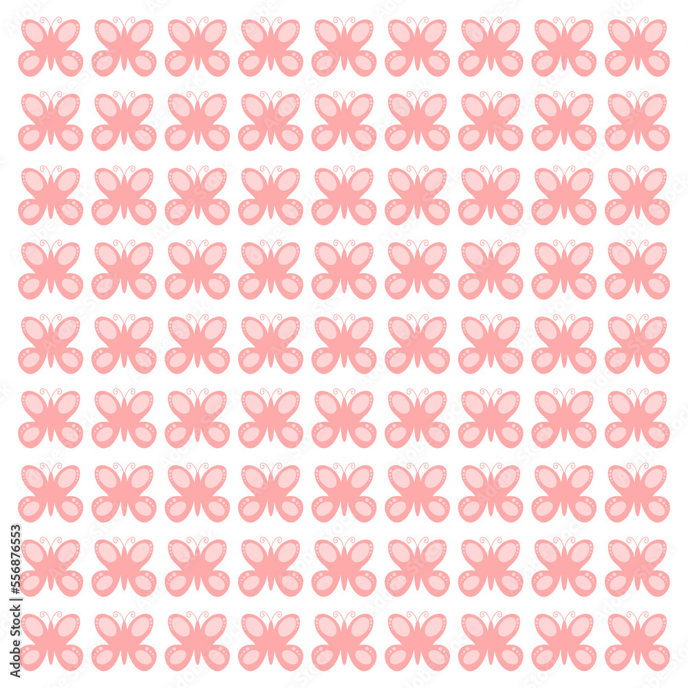 Pink butterfly pattern on white background. Seamless abstract background. Vector illustration.