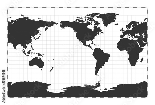 Fototapeta Naklejka Na Ścianę i Meble -  Vector world map. Cylindrical stereographic projection. Plain world geographical map with latitude and longitude lines. Centered to 120deg E longitude. Vector illustration.
