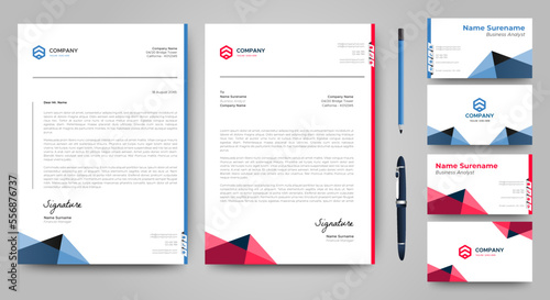 Professional creative letterhead and business card template. Modern a4 Business Letterhead Design. Red and Blue. Corporate business card branding identity. Vector	