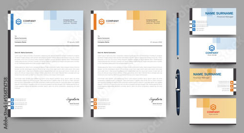 Elegant letterhead and Card design in minimalist Style Business Modern Creative A4 Size vector Blue and Orange Design 