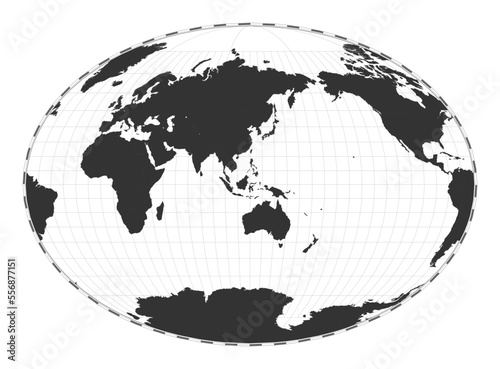 Vector world map. Fahey pseudocylindrical projection. Plain world geographical map with latitude and longitude lines. Centered to 120deg W longitude. Vector illustration.