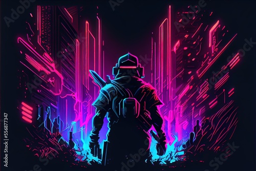 Illustration of gaming background, abstract cyberpunk style of gamer wallpaper, neon glow light of scifi fluorescent sticks. Digitally generated Ai image. Not based on any actual scene or pattern