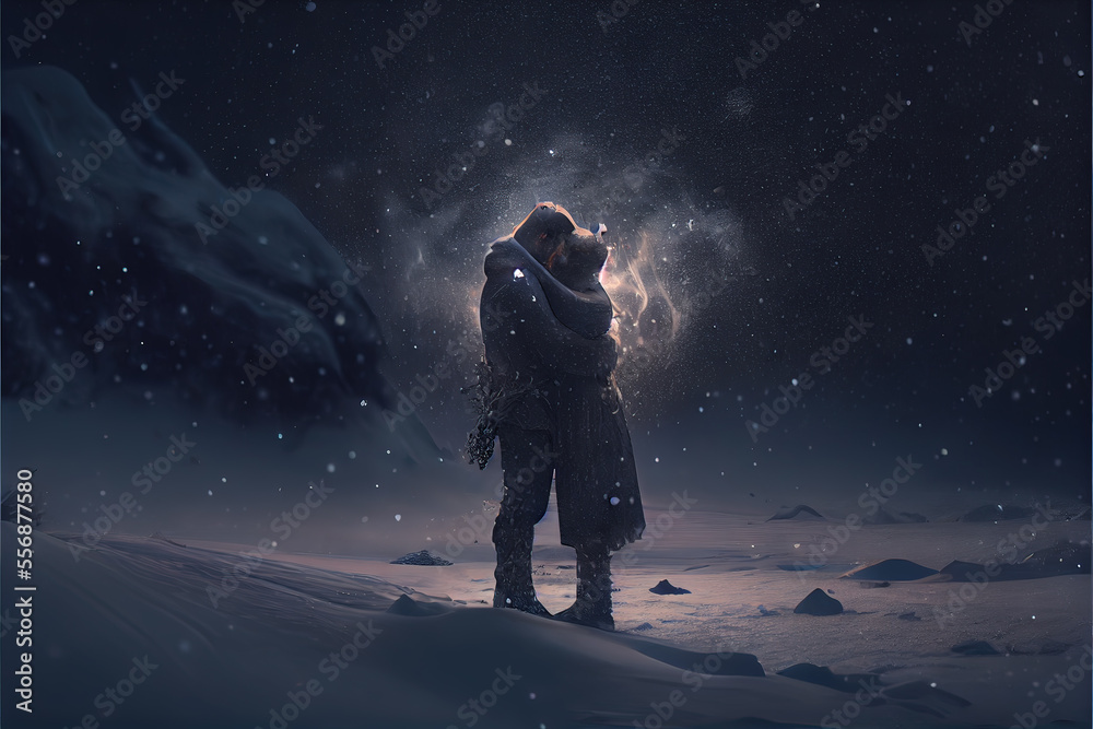 a blizzard of love. Couple kissing in snow. Big heart. Love and valentine day concept. Neural network generated Ai art. Digitally generated image. Not based on any actual scene or pattern.