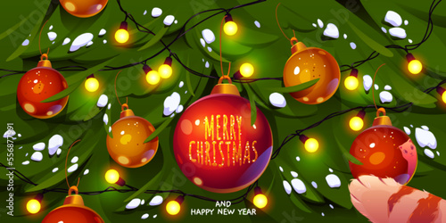 Merry Christmas and Happy New Year greeting card with funny cat paw touching bauble hanging on decorated spruce looking on reflection with cute muzzle. Funny pet character, Cartoon vector illustration