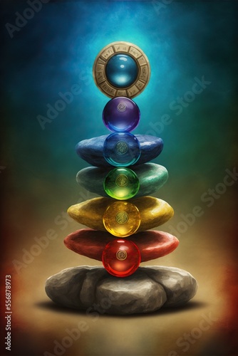 Rock stack of balancing stones and chakra energy centering - generative ai
