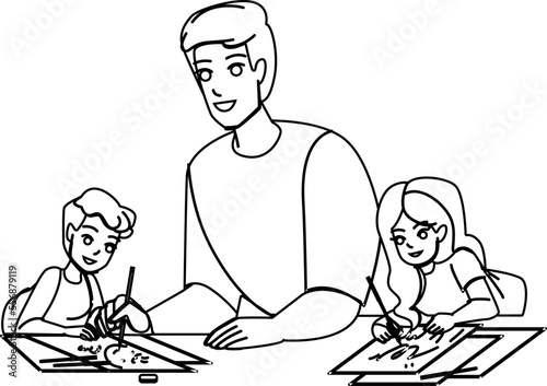 family drawing line pencil drawing vector. father son daughter child, family, happy art, girl draw, home graphic, kid fun family drawing character. people Illustration