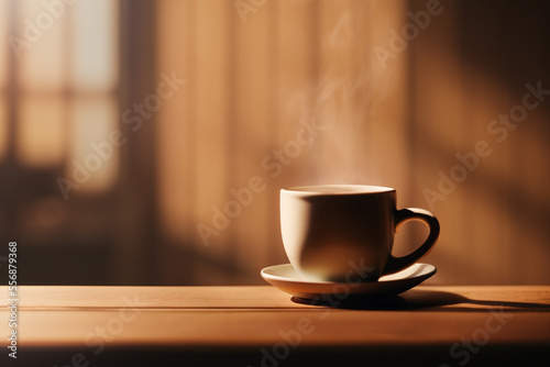 Close-up of a cup of hot espresso on a table, cozy steaming drink on a cold winter day (AI generated)