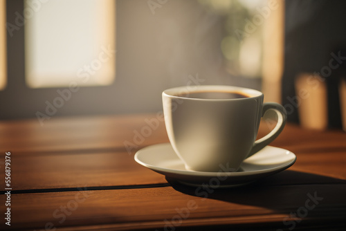 Close-up of a cup of hot black coffee in a table by the window of a living room (AI generated) 