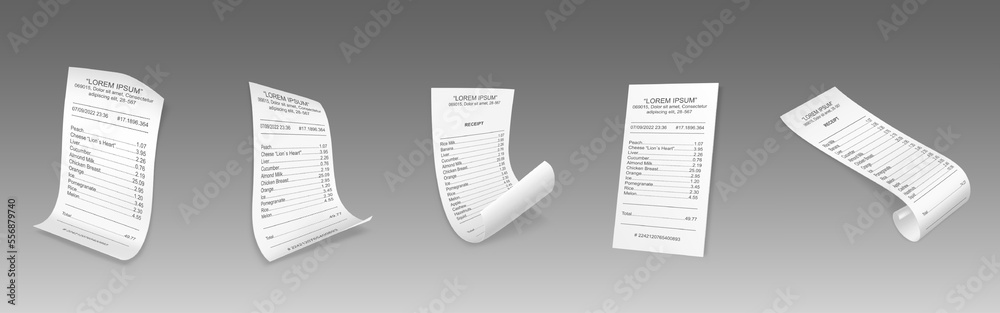 Naklejka premium Paper receipts, shop or supermarket cash checks. Purchase bills, financial invoices, grocery store cheques printed on white paper, isolated on background, vector realistic set