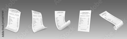 Paper receipts, shop or supermarket cash checks. Purchase bills, financial invoices, grocery store cheques printed on white paper, isolated on background, vector realistic set