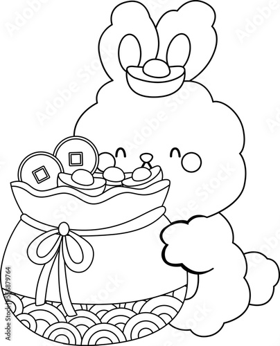 a vector of rabbit hugging a gold bag in black and white colouring