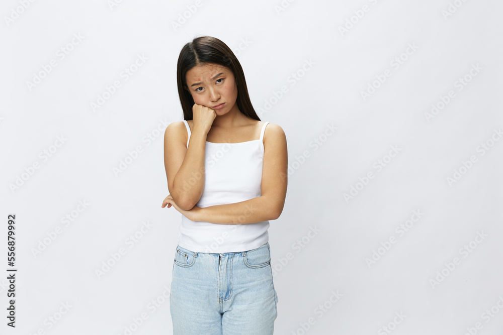 Asian woman facial skin problems, acne and inflammation, red rashes and allergies, chicken pox, sadness from rashes. Facial skin care concept for diseases and nerves Asian woman facial skin problems, acne and inflammation, red rashes and allergies, chicken pox, sadness from rashes. Facial skin care concept for diseases and nerves