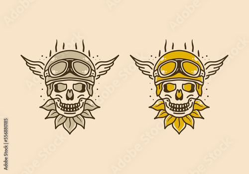 Vintage illustration design of skull wearing a helmet and goggles with wings on the sides