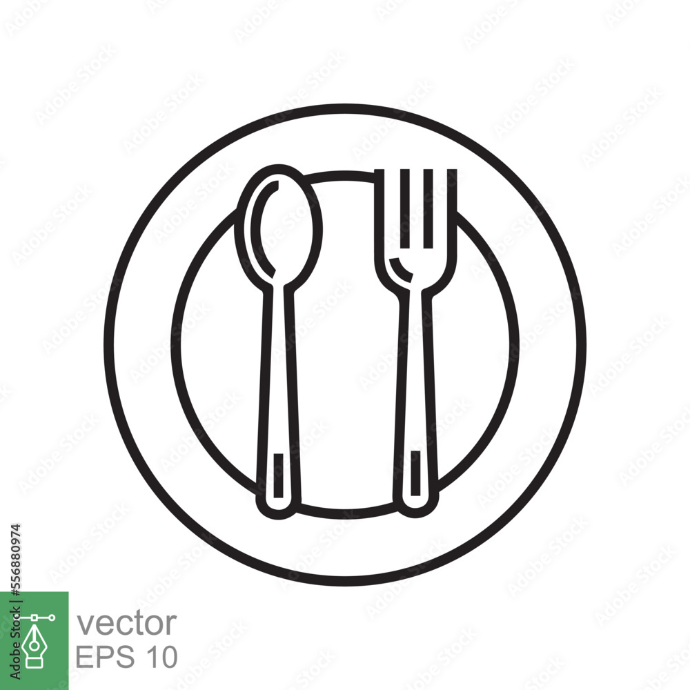 Spoon and fork on a plate icon. Simple outline style. Kitchen utensil, cutlery, silverware, culinary, food concept, line symbol. Vector illustration isolated on white background. EPS 10. Spoon and fork on a plate icon. Simple outline style. Kitchen utensil, cutlery, silverware, culinary, food concept, line symbol. Vector illustration isolated on white background. EPS 10.