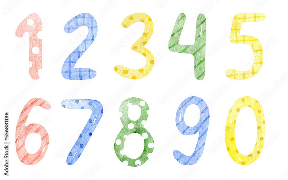 Watercolor illustration collection of various colored numbers from 1 to 0. Hand painted watercolor drawing on white background, isolated elements for creative design, sticker, invitation, card.