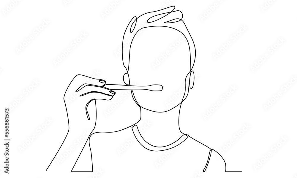 continuous line of young man brushing his teeth continuous line of young man brushing his teeth