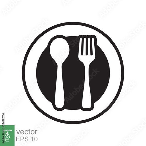 Spoon and fork on a plate icon. Simple flat style. Kitchen utensil, cutlery, silverware, culinary, food concept, silhouette symbol. Vector illustration isolated on white background. EPS 10.