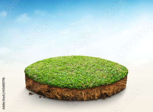 3D Illustration, round soil ground cross section with earth land and green grass, Soil layers. realistic 3D rendering ground ecology, cutaway terrain floor with rock isolated on blue sky background.