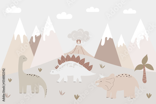 A hand drawn baby poster with dinosaurs and mountains. Funny vector illustration for decorating the walls of the nursery. Trendy design in Boho style. Mountain landscape in pastel colors. Bohemian art