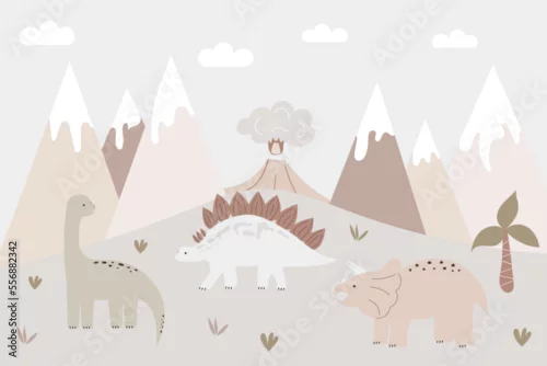 Obraz A hand drawn baby poster with dinosaurs and mountains. Funny vector illustration for decorating the walls of the nursery. Trendy design in Boho style. Mountain landscape in pastel colors. Bohemian art