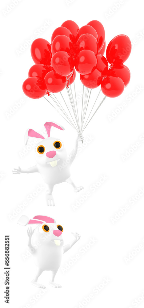 3d character , rabbit character flying togheter with bunch of balloons , another rabbit character on the ground 3d character , rabbit character flying togheter with bunch of balloons , another rabbit character on the ground