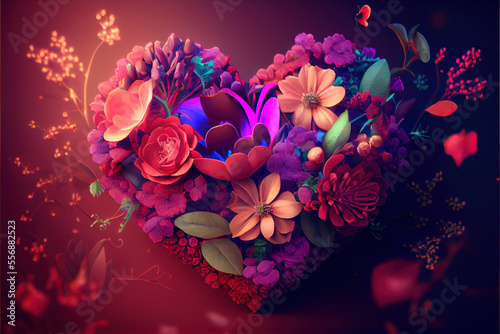 valentines day background, love heart shape make by rose, cherry blossom, daisy flowers... . Neural network generated Ai art. Digitally generated image. Not based on any actual scene or pattern. © CravenA