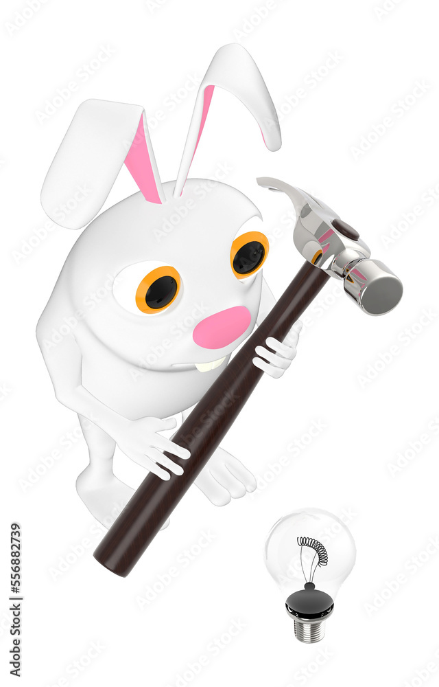 3d character , rabbit holding a hammer near to a bulb