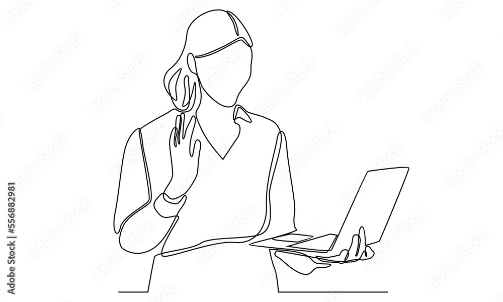 Continuous line of computer with people doing video call Continuous line of computer with people doing video call