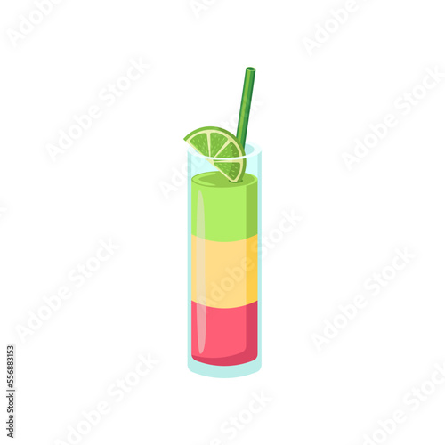 Colorful cocktail with lime vector illustration. Drawing of cocktail in glass. Summer holiday, decoration, nature, paradise, food concept for greeting card