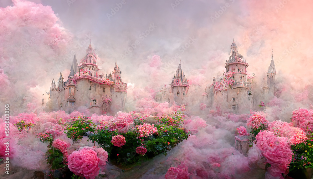 Magical unusual fairy-tale palaces, flower beds with roses. - obrazy, fototapety, plakaty 