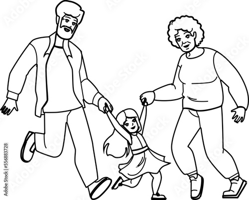 family grandparents line pencil drawing vector. happy grandfather grandmother, woman together, caucasian girl, grandchildren senior, child family grandparents character. people Illustration