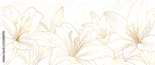 Luxury floral golden line art wallpaper. Elegant gradient gold lily flowers pattern background. Design illustration for decorative, card, home decor, invitation, packaging, print, cover, banner. 