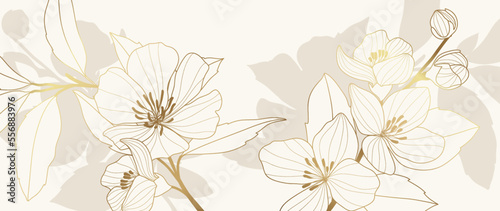 Luxury floral golden line art wallpaper. Elegant golden cherry blossom flowers pattern background. Design illustration for decorative, card, home decor, invitation, packaging, print, cover, banner.
