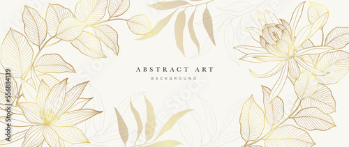 Luxury floral golden line art wallpaper. Elegant gradient gold wildflowers and eucalyptus leaf branch pattern background. Design for wedding card, frame, home decor, invitation, print, cover, banner.