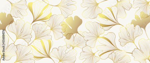 Luxury floral golden line art wallpaper. Elegant gradient gold ginkgo leaves pattern background. Design illustration for wedding card, home decor, invitation, print, poster, packaging, cover, banner.