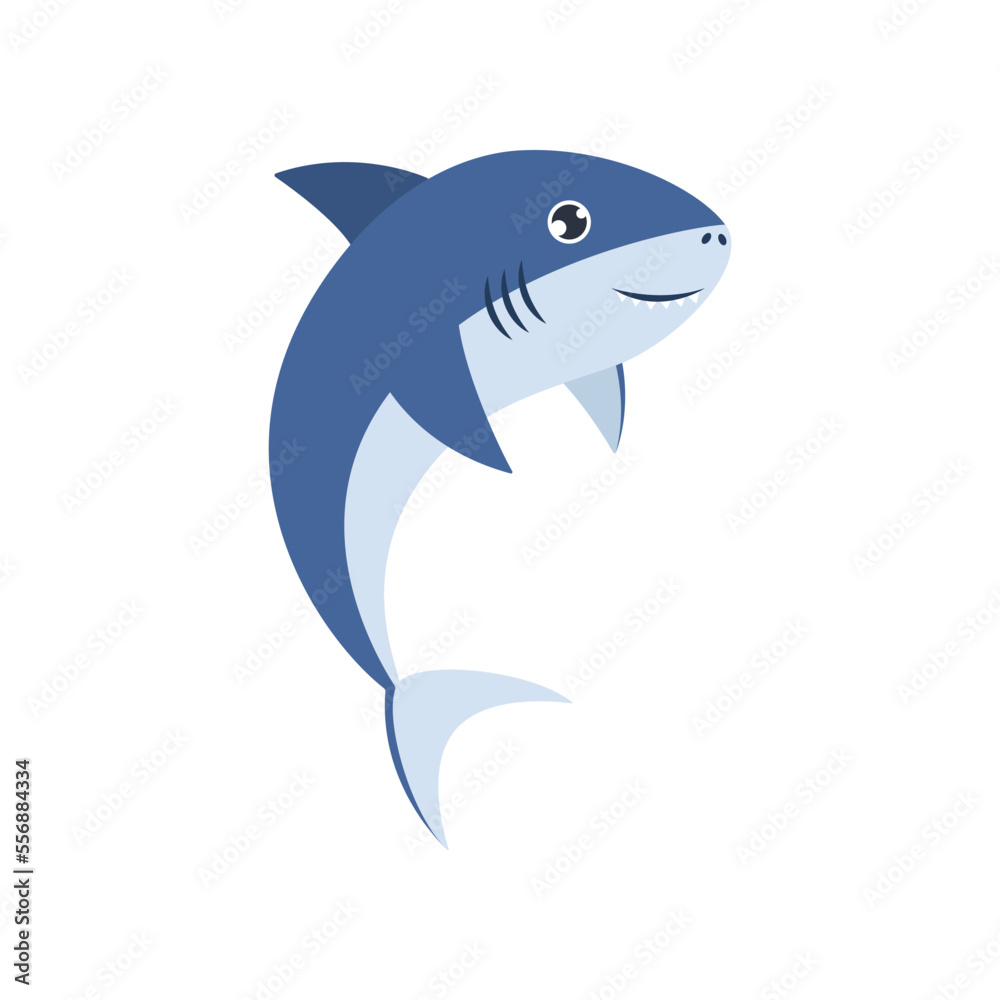 Obraz premium Cute shark smiling illustration. Baby underwater animal swimming, smiling on white background. Marine animal, fish concept