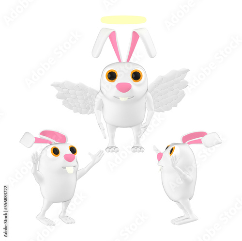 3d character , angel rabbit flying with a glowing ring over top of his head and other rabbits happy on ground