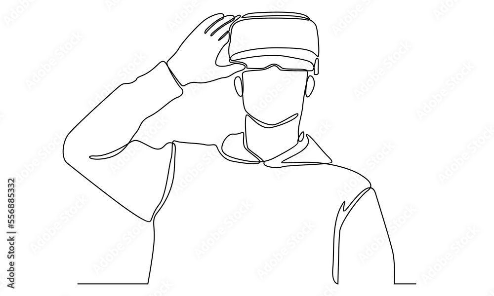 continuous line of man in glasses device virtual reality